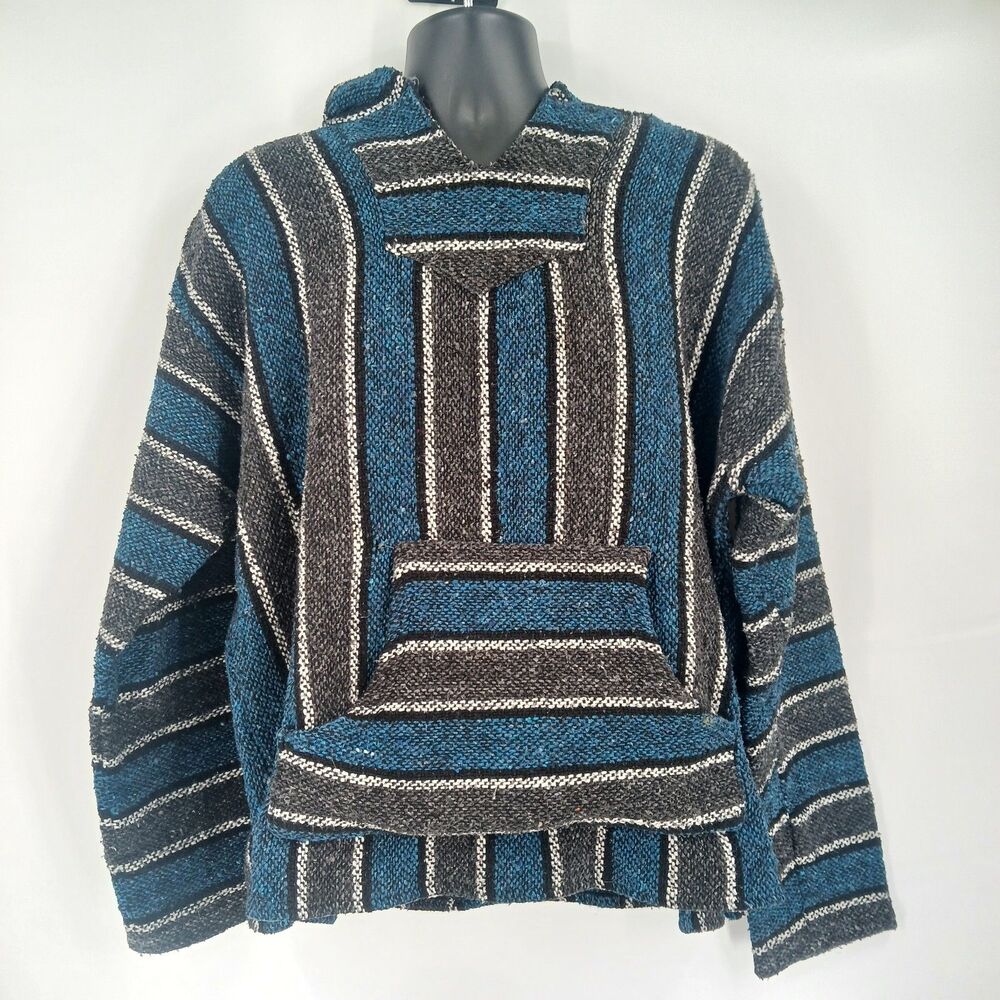 mens blue grey Striped Mexican Baja Hoodie Pullover Poncho Sweater Size XL
